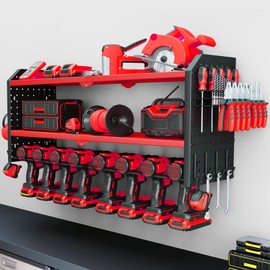 KAFAHOM Power Tool Organizer, Large 8 Drill Holder Wall Mount with 2 Side Pegboards, Heavy Duty Metal Tool Shelf with 12 Hooks, Storage Rack for Garage Organization, Utility Battery Shelves - Red