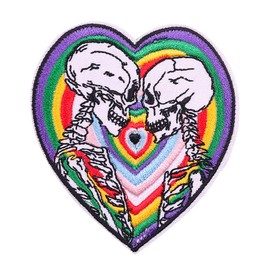 3" Rainbow Heart Skull Patch - Durable & Sewable Iron On Embroidery Patch Emblem for Hats, Clothes, Backpacks - Skeleton Couple Lover Badge
