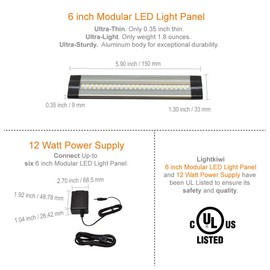 Lightkiwi Dimmable LED Under Cabinet Lighting 4 Panel Kit, 6 Inches Each, Cool White (6000K), 7.2 Watt, 24VDC, Dimmer Switch & All Accessories Included, Low Profile, Sturdy Aluminum Body, UL Listed