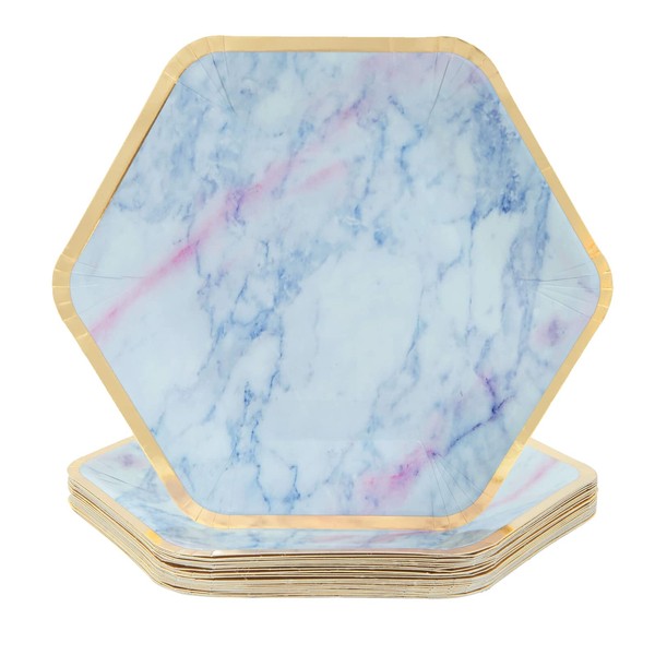 BLUE PANDA Marble Paper Party Plates (24 Count), Gold Foil Border, 9 x 8 Inches