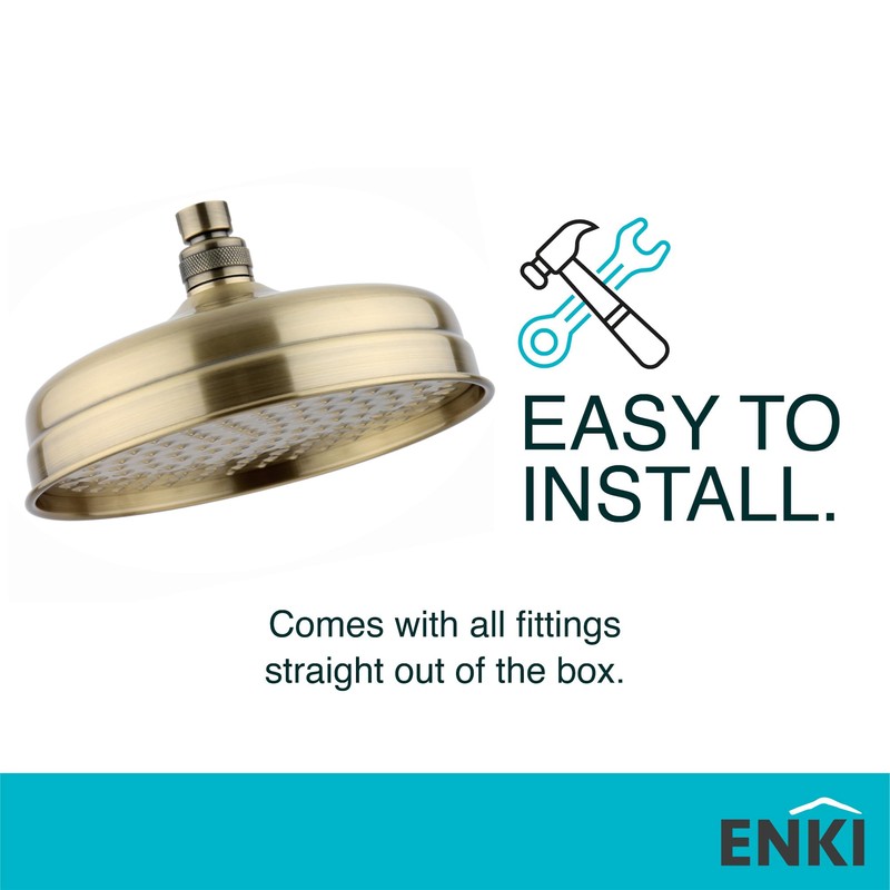 ENKI, R08, 200mm Traditional Fixed Large Shower Head Antique Brass,