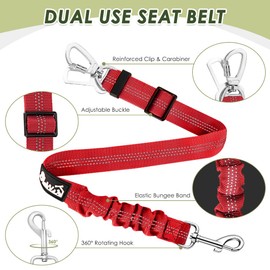 SlowTon Dog Seatbelt, 2 Pack Dog Seat Belt Car Leash Adjustable Elastic Bungee Buffer Heavy Duty Nylon Reflective Pet Safety Tether Connect to Dog Harness for Travel Riding in Vehicle (Daul Clip, R)
