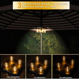 Patio Umbrella Lights with 3 Brightness Modes and Timer, Battery-Powered Cordless Outdoor Umbrella Pole Lights with LED Edison Bulbs, for Garden, Patio, Backyard, Camping and BBQ