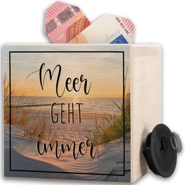 Meer Geht Immer I Urlaubskasse I Holiday Money Box Wooden Holiday Money Box Holiday Money Maritime Time Out 10 x 10 cm Wood Money Gift Baltic Sea with Key Travel Money Box Theme for