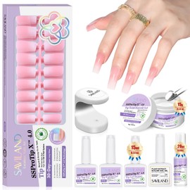SAVILAND All-in-1 Gel Nail Tips Kit with U V Light: Long Square French Tip Press On Nails Pink White Ombre 96 Pcs 16 Sizes Full Cover French Tip Gels Nails Primer Nail Glue Remover Builder Nail Gel