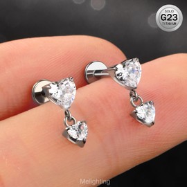Melighting 16G Threaded Earring Titanium G23 Dangle Helix Earring Heart Threadless Push in Flat Back Earring Clear CZ Cartilage Earring 8 mm Labret Tragus Stud for Women