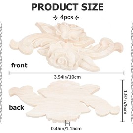 GORGECRAFT 4pcs 100mm Wooden Appliques Wooden Onlays Carved Decals Unpainted Carvings Floral Pattern Ornament Piece Corner Edge Applique Craft Accessory for Wall Door Cabinet Furniture DIY Decor