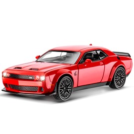 MODVKVK Dodge Challenger 1:32 Model Car, Die-Cast Metal Toy Cars, Hellcat Toy Car with Sound and Light, Hellcat Car with Pull Back Function for Children from 3 Years and Car Collector (Red)