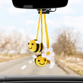 4 Accesorios Bonitos para Espejo Retrovisor Decoración de Coche de Ganchillo de Abeja y Flor Colgante de Espejo de Coche Tejido a Mano para Mujeres Hombres Decoraciones Interiores, 2 Estilos