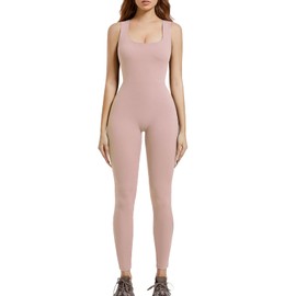 KAQINCAI Jumpsuits for Women Sleeveless Square Neck Stretchy Unitard with Long Pants and Tank Tops Casual Playsuit (Pink, Medium)