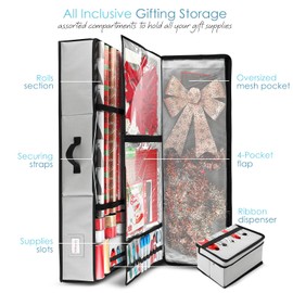 Hearth & Harbor Wrapping Paper Storage Container - Christmas Storage Bag with Ribbon Dispenser and Interior Pockets - Gift Wrap Organizer Fits Up to 26 Rolls of 40" Length, Silver