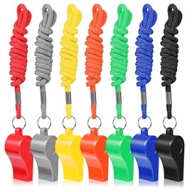 Wanmu 7 Pcs Whistles with Lanyard, Plastic Loud Crisp Sound Coaches Sports Whistle for Referee Teachers Lifeguard School Soccer Training Gyms Security and Emergency Survival(7 Colors)