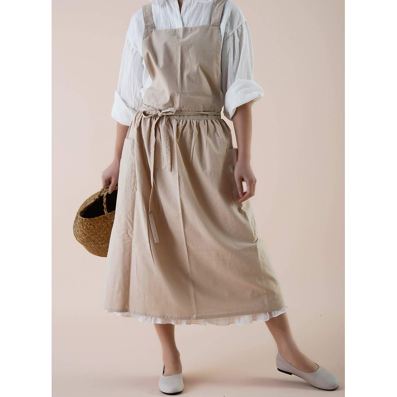 Cotton Pleated Apron Retro Waterdrop Proof Garden Cleaning Pinafore Dress