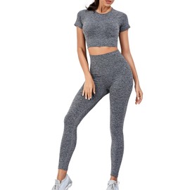 SHEKINI Seamless Tracksuit for Women 2 pcs Outfits Workout Joggers High Waist Leggings Yoga Short Sleeves Crop Tops Gym Sets