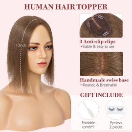 S-noilite Hair Toppers for Women Real Human Hair, 10x12 Upgrade Base Light Brown Clip in Hair Toppers for Women No Bangs 12inch 400g #Light Brown