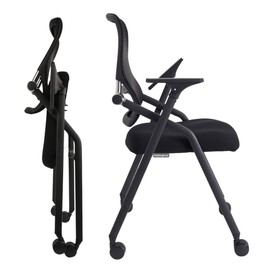 BLANEDUO Updated Conference Room Chairs, Folding Office Desk Chair with Lumbar Support and Sliding Armrest with Casters, Stackable Office Guest Chairs & Reception Chairs, 1 Pack Black