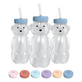 The 730 Project Oso Miel taza con pajita para bebés, taza Oso Miel de 8 oz con tapa, juego de 3 pajitas de terapia de aprendizaje Oso Miel, juego de biberones para bebé, Tarta de Arándano AZUL