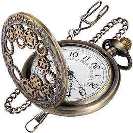Realpoo Bronze Hollowed Gear Design Cover Quartz Pocket Watch, Roman Numerals Digital White Dial with Chain for Men
