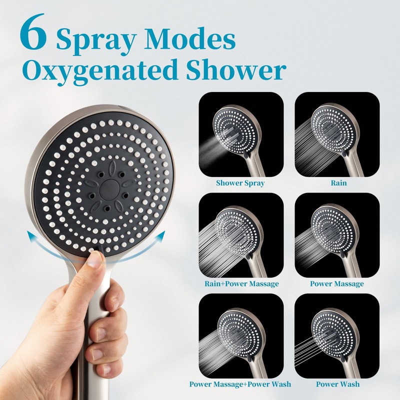 OFFO Handheld Shower Head, 6-Mode Brushed Nickel High Pressure Handheld