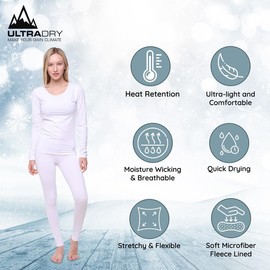 Ultra Dry Conjunto de ropa interior térmica para mujer; capa base con forro polar suave para mujer, 2 piezas, parte superior y leggings largos, Blanco, XL