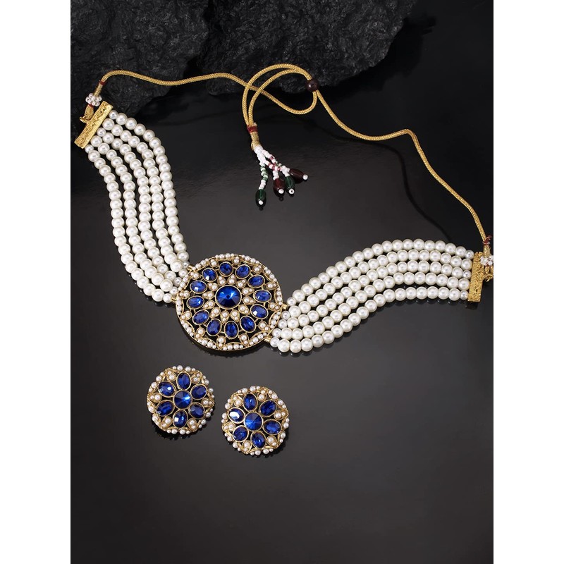 Aheli Kundan Pearl Choker Multi Layered Collar de cuentas Pendientes