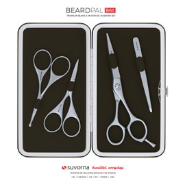 Suvorna 4 Pcs Beard trimming kit for men with 5.5" Mustache Scissors Beard Scissors Ear Scissors Eyebrow Scissors Grooming Scissors Nose Scissors Men Slant Tweezers Facial Hair Scissors Professional.