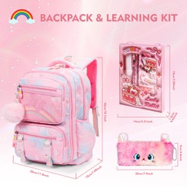 QJHEC Kawaii Starry Rainbow Backpack for Girls – Butterfly Bookbag with Fluffy Charm, Pencil Case & Study Set for Kids & Teens – Pink 17inch