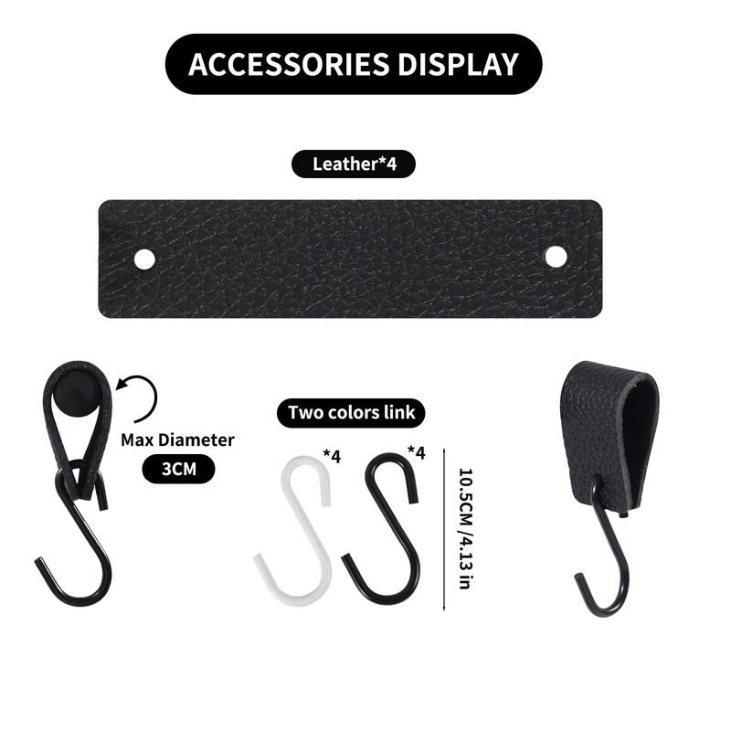 Feligio S Hooks with Leather Loop, Black Hooks for Hanging