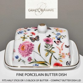 GRACE TEAWARE FINE PORCELAIN FIT HALF STICK OR 1/3 BLOCK BUTTER BUTTERFLY FLOWER