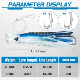Trolling Lures Saltwater Fishing Lures Offshore Big Game Trolling Lures for Marlin Mahi Tuna Dolphin Wahoo Deep Sea Fishing Lures Rigged with Leader Hooks Squid Skirt