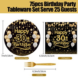 75pcs 30th Birthday Party Tableware Set, Black Gold Adult Happy Birthday 25X7in Disposable Plates 25X6.5in Cocktail Napkins 25X Forks Cheer to 1995 for Men Women Birthday Party Serve 25