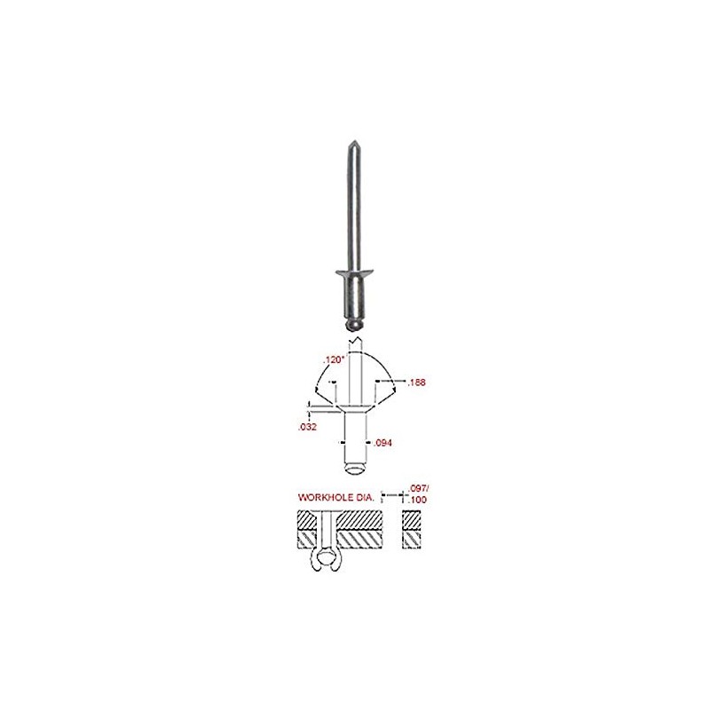 3/32" DIAMETER X .251-.375 GRIP RANGE, STEEL BLIND RIVET, COUNTERSUNK