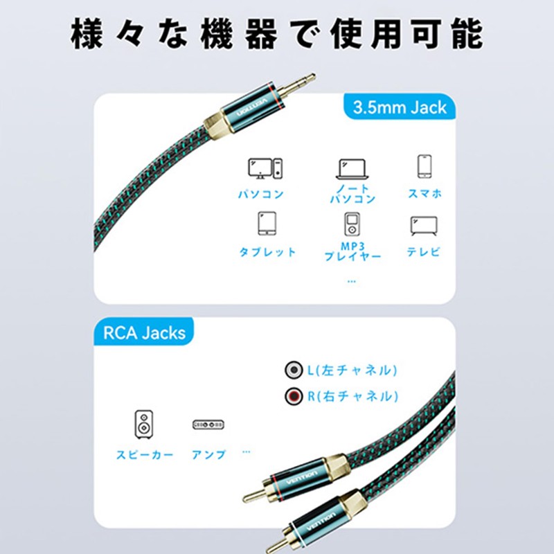 VENTION 3.5mm Male to 2RCA Male Audio Cable Cotton Braided