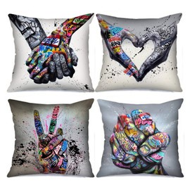 Tucocoo Graffiti Cushion Covers Decorative 18 x 18 Inch 4 Pack Banksy Street Art Pillow Covers Fist Inspirational Finger Throw Pillow Hands Pillow Cases for Couch Sofa Living Room