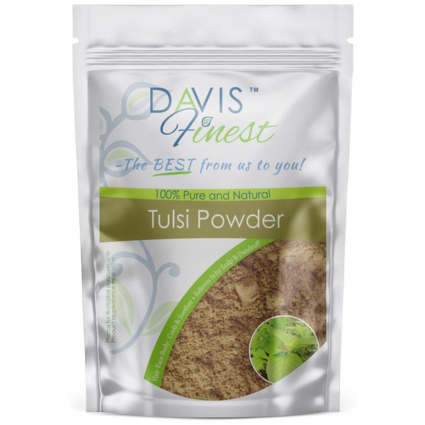 Davis Finest Tulsi Powder - Indian Basil for Skin, Hair and Scalp Care - Moisturising Anti-Ageing and Blackhead Mask - Vegan Natural Cosmetics Against Acne Scars - 100 g