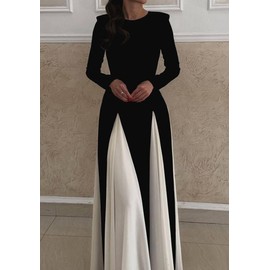 Kwunbwa Wedding Guest Dresses for Women Elegant Long Sleeve Patchwork Pleated Swing Long Dress Formal Maxi Dress Black