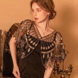 Women's Evening Glitter Scarf 1920s Dress Vintage Cape Elegant Embroidery Mesh Short Sleeve Jumper Fashionable Throw Accessories for Party and Ball, gold