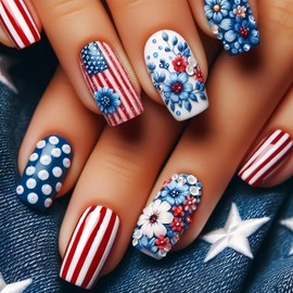 4th of July Press on Nails Medium Square Fake Nails Red Blue Flowers Design Matte Acrylic Glue on Nails Stick on Nails False Nails Patriotic Acrylic Nails Nails Press on Artificial Nails for Women