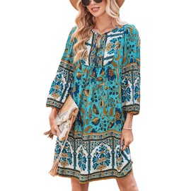 Bluetime Women Casual Summer Dress Boho V Neck 3/4 Sleeve Babydoll Floral Print Flowy Beach Dress (XL, Teal Yellow)