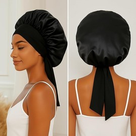 Satin Silk Shower Cap for Sleeping Jumbo Sleep Cap, Double Layer Hair Cap with Tie Band, Large Satin Shower Cap for Women (Black+Rose Red, One size)