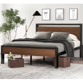 SHA CERLIN 14 Inch Queen Size Metal Platform Bed Frame with Wooden Headboard and Footboard, Mattress Foundation, No Box Spring Needed, Large Under Bed Storage, Non-Slip Without Noise, Walnut