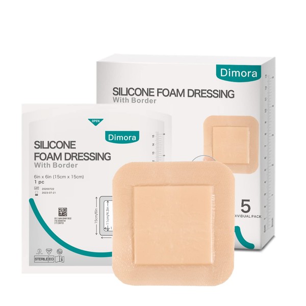 Silicone Foam Dressing, 6'' x 6''(4.3" X 4.3" pad) Sacrum Wounds, Waterproof Wound Dressing with Gentle Border, High Absorbency Foam Bandages, Silicone Self-Adhesive Patches,5 Pack