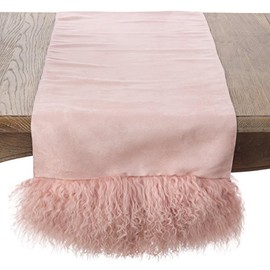 Saro Lifestyle Mongolian Wool Lamb Fur Trim Table Runner, Rose, 16"x72"