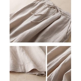 FTCayanz Women's Linen Cropped Wide Leg Pants Elastic Waist Casual Palazzo Trousers with Pockets Beige Medium