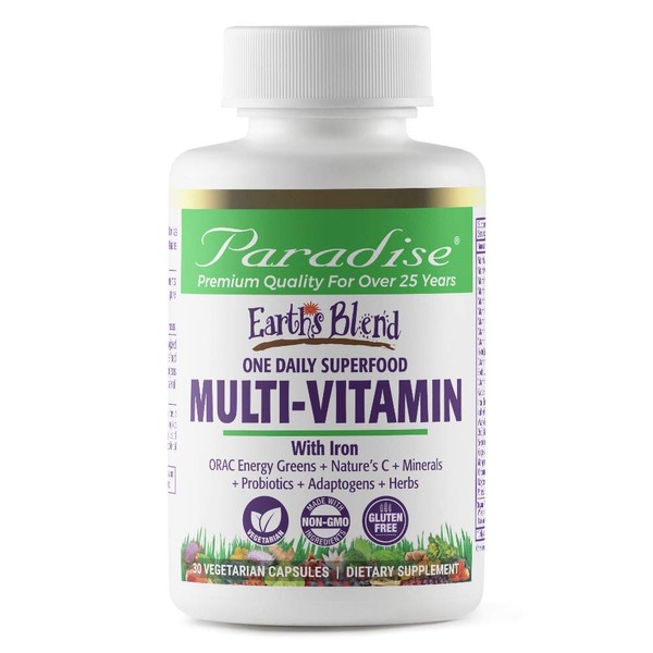 Paradise Herbs - Earth’s Blend® Superfood Multivitamin with Iron - Orac Energy Greens + Nature's C + Minerals + Probiotics + Adaptogens + Herbs | 30 Count