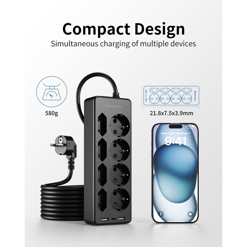 8-Way Power Strip with Surge Protection and 2 m Cable