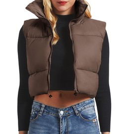 Women's Winter Cropped Puffer Vest Crop Jackets For Women Full Zip Stand Collar Padded Lightweight Outwear Vest Y2K Tops Brown M