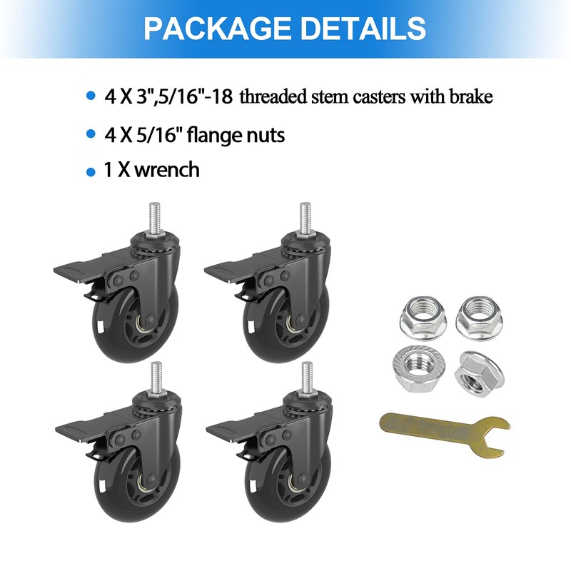 MALLLALA 3"Swivel Caster Wheels with Imperial 5/16"-18 Threaded Stem,Set of