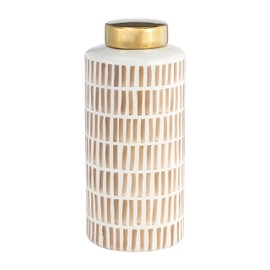 Sagebrook Home 13" Ceramic Jar with Lid - White and Tan Canister with Gold Accent Lid - Storage for Coffee, Flour, Sugar, Cookies and More