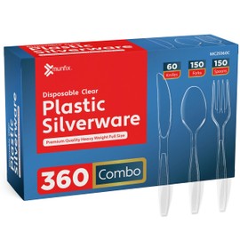 360 Count Plastic Silverware Set, 150 Clear Plastic Forks, 150 Plastic Spoons, 60 Plastic Knives, Heavy Duty BPA Free Disposable Plastic Cutlery Set, Premium Clear Plasticware for Party Supplies